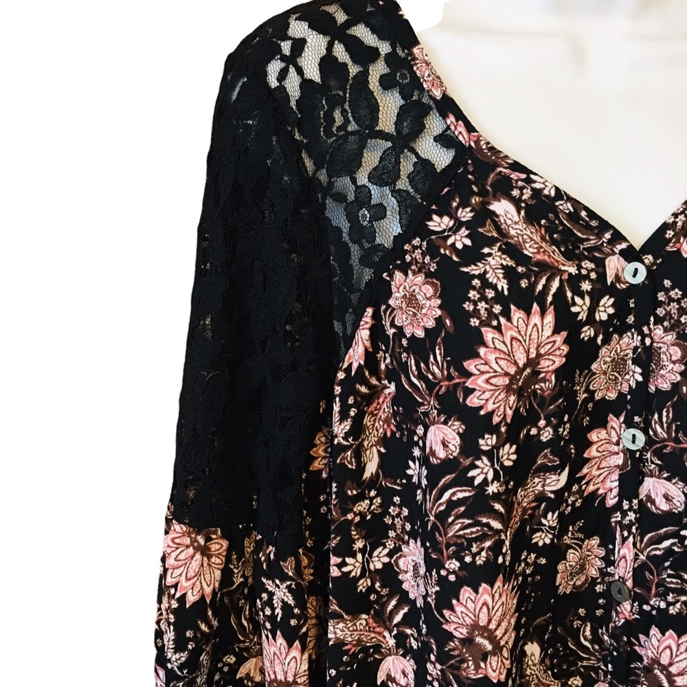 KNOX ROSE Boho Bell Sleeve Black Pink Floral Lace Button Down Top Women’s Small - Picture 7 of 14